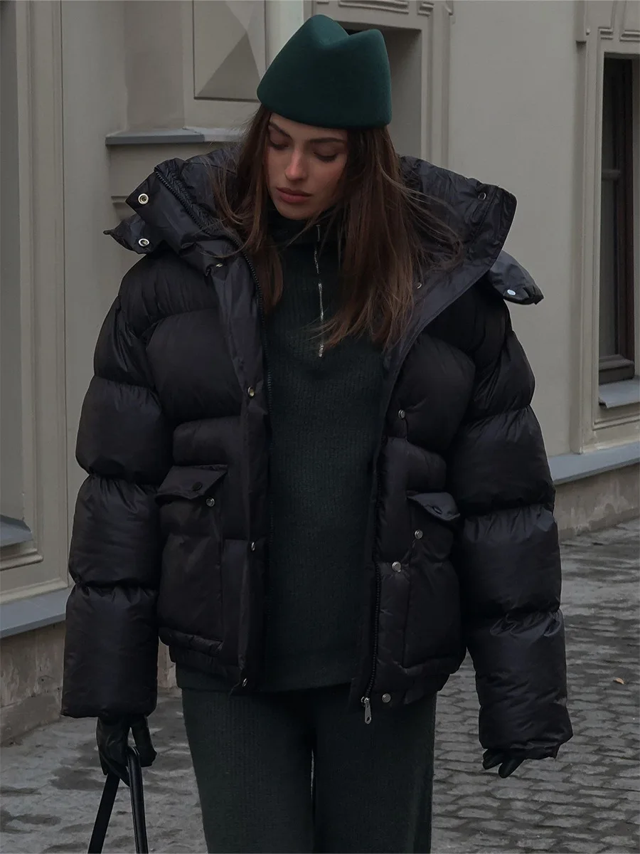 Bornladies Women's New Winter Black Parkas Fashionably Simple Cotton Padded Jacket Square Pocket Warm Hooded Outerwear