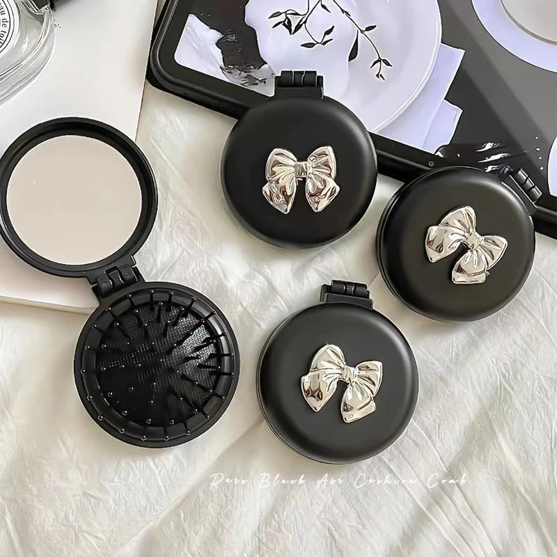 Cute Folding Massage Comb With Makeup Mirror Travel Portable Plastic Airbag Small Comb Hair Brush Bow Tie Air Cushion