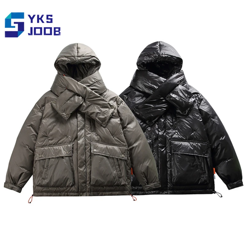 

Solid Hooded Down Jacket Men's Vintage Casual Loose Pocket White Duck Down Coat Fashion Harajuku Unisex StreetWear Winter Parkas