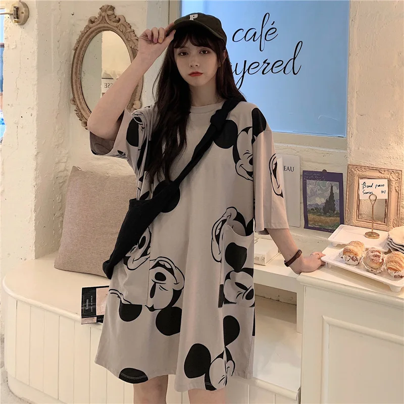 Summer Women T Shirt Cotton Quality Mickey Print T-shirt Mid-length Short Sleeve Girls Casual sexy long dress