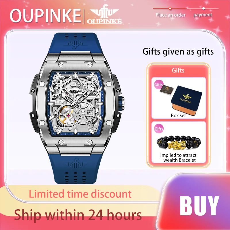 

OUPINKE Original Top Brand Men's Watches Tonneau Automatic Mechanical Watch Silicon Tape Waterproof Skeleton Male Wristwatch New