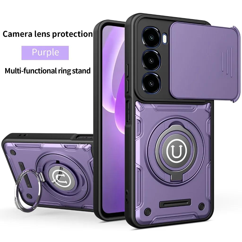Magnetic 360° Ring Kickstand Phone Case with Slide Camera Lens Cover - Shockproof Design