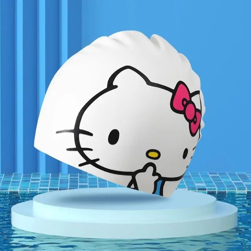 

Kawaii Hello Kitty Swimming Cap Sanrio Cartoon Cute Kt Cat Waterproof Silica Gel High Elastic Swim Pool Hat Summer Holiday Gift
