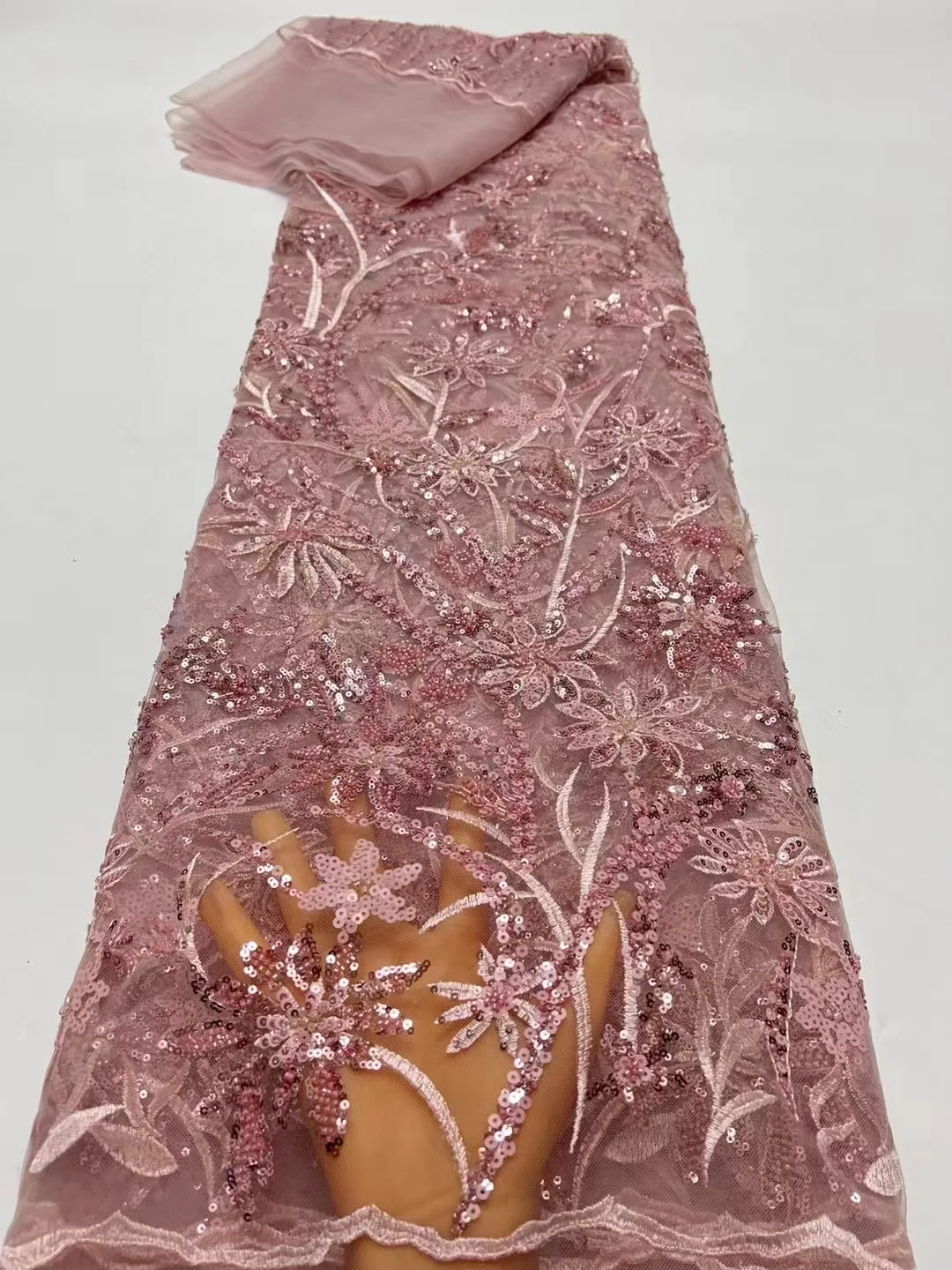 

French Embroidery Heavy Beaded Net Lace Fabric 2024 African Nigerian Tulle Mesh Shiny Sequins Fabric For Wedding Dress