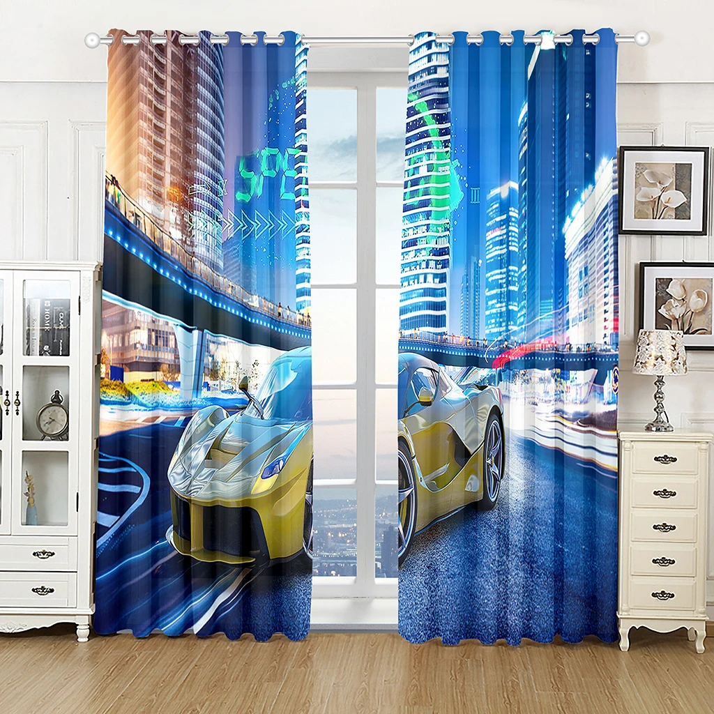 3D Sports Racing Car Printed Windows Curtains for Boys Men Adults Beautiful Scenery Living Room Bedroom Kitchen Curtains Drapes