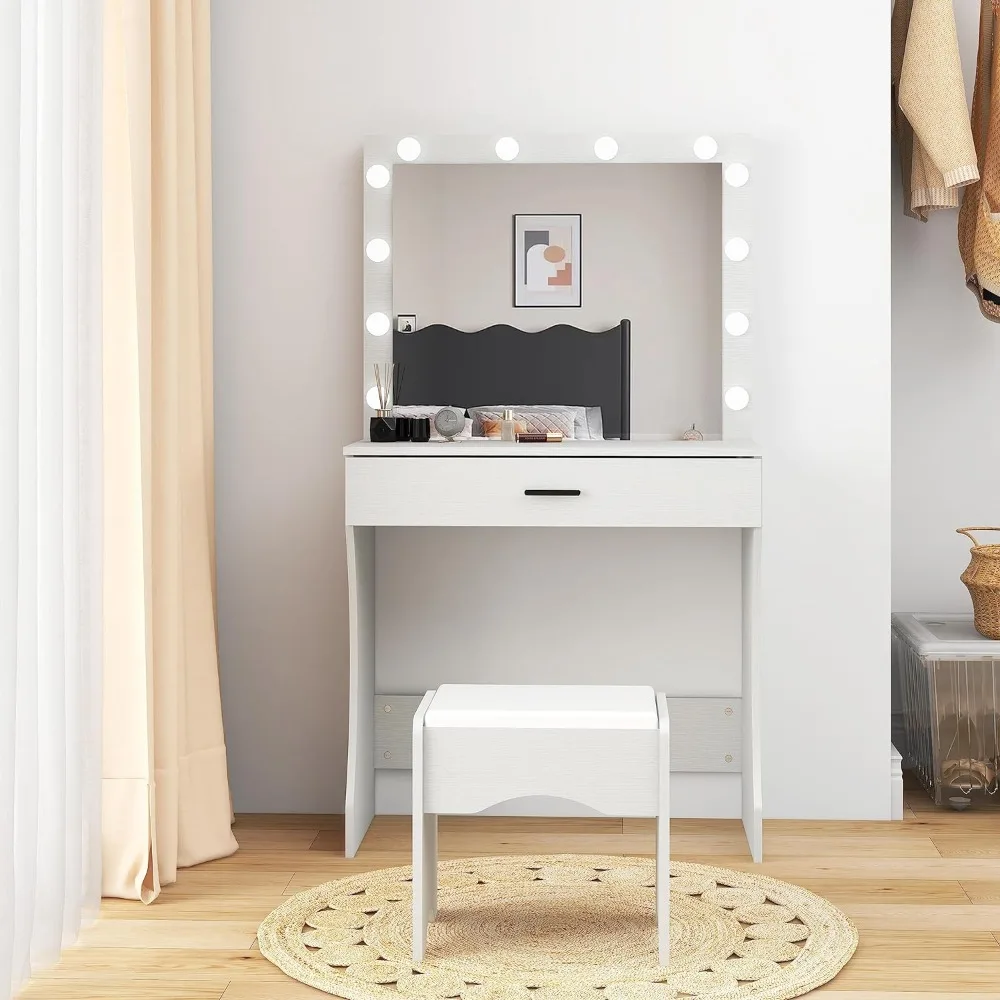 Vanity Desk with Mirror and Adjustable Lights, One Drawer Storage Makeup Table with Stool 2