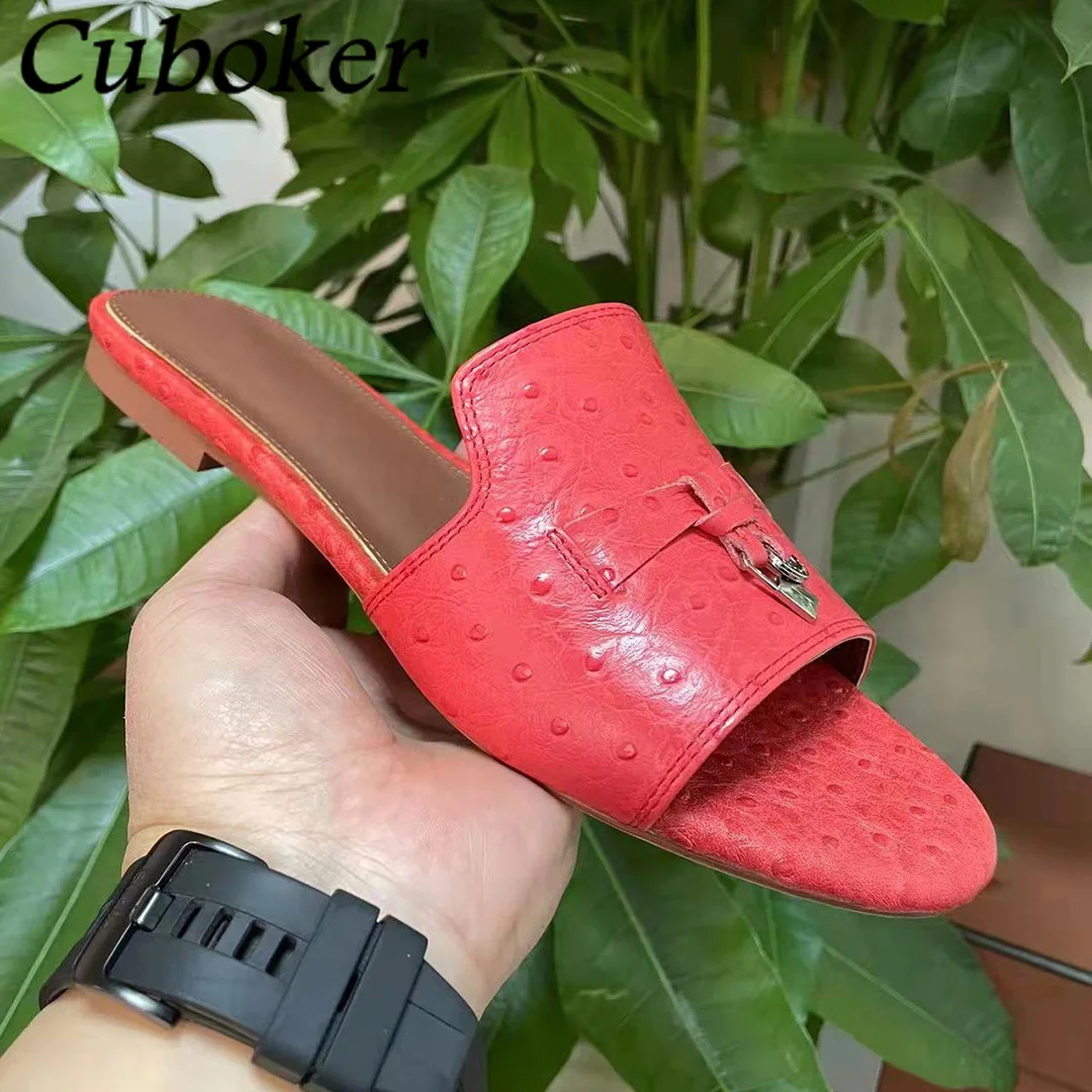 2022Summer Hot Sale Brand Runway Women Slippers Ostrich Leather Peep Toe  Lock Decor Flat Mules Party Shoes Shoes For Women mujer