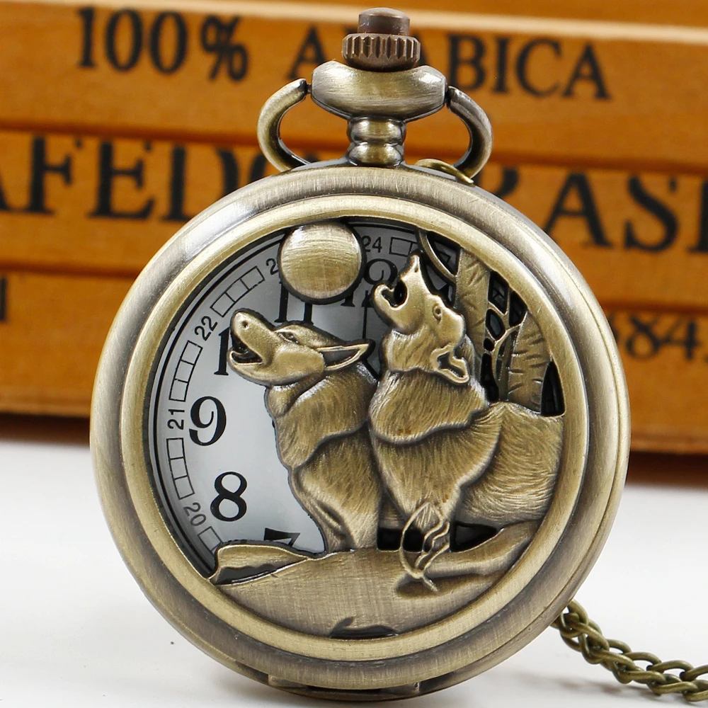 

Bronze Charm Wolf Carving Theme Pocket Watches For Men Unisex Vintage Hollow Quartz Movement Fob Chain Watch reloj hombre