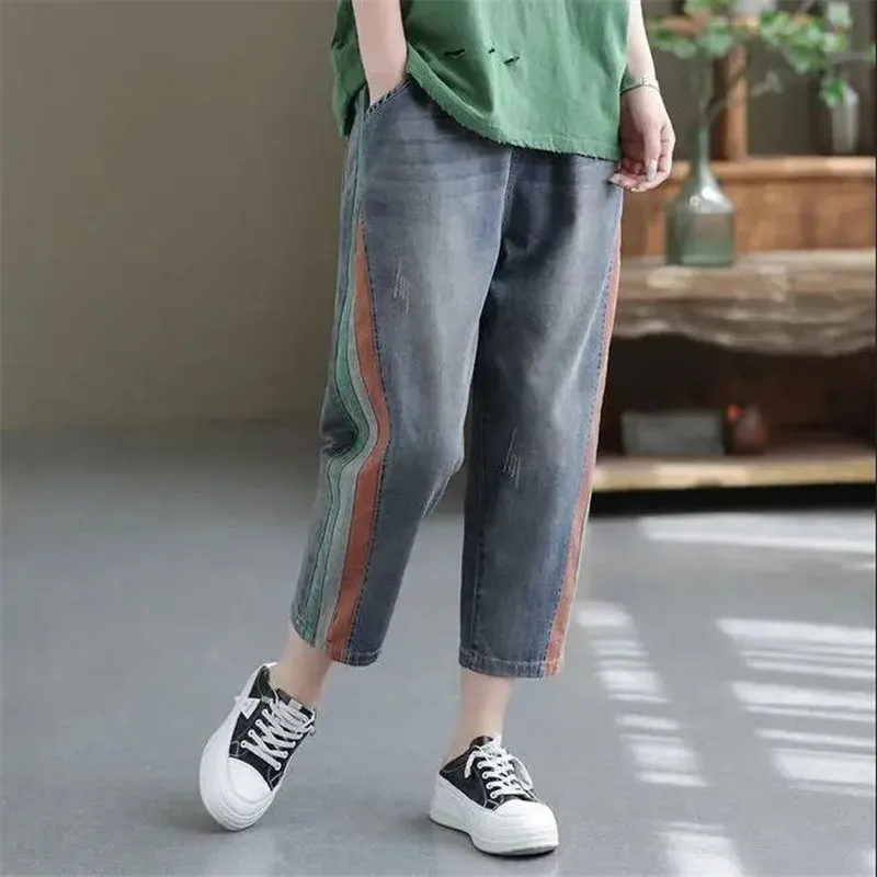 

2023 New Thin Denim Trousers Women's Spring Summer Fashion Loose Elastic Waist Pants Jean Femmes Harlan Pants Vintage Stripe