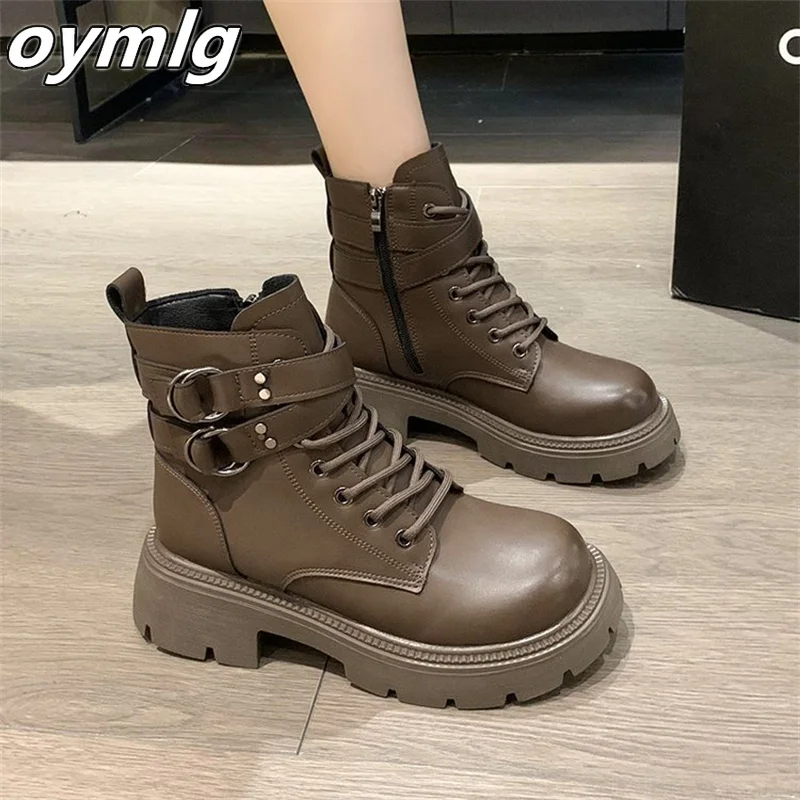 2023 Autumn/Winter New Single Boot Versatile Thick Bottom Lace up and Fleece Motorcycle Short Boots heels women