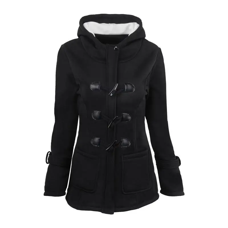 Horn Button Fleece Coat Thicken Hooded Fashion Women's Coats with Horn Buttons Dress Coats Women Fleece Jacket for Cold Weather