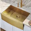 Gold Stainless Steel Farmhouse Kitchen Sink 33 Inch Single Bowl Brushed Brass Apron Front Durable 304 Material Scratch Resistant 5