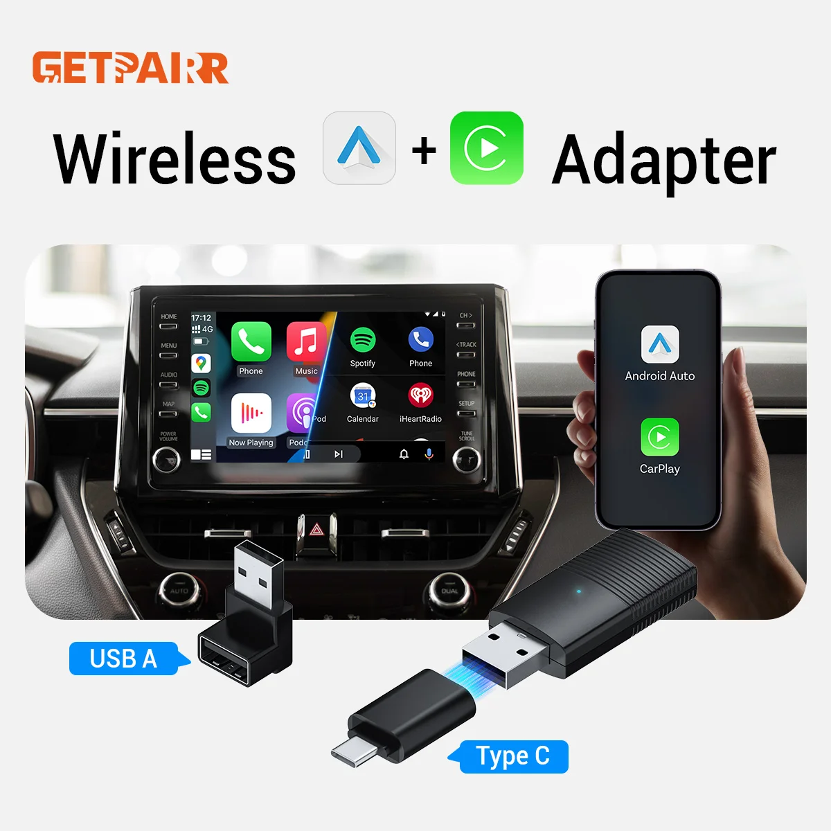 GetPairr A1 Mini ワイヤレスCarPlay Android Auto 2in1アダプター