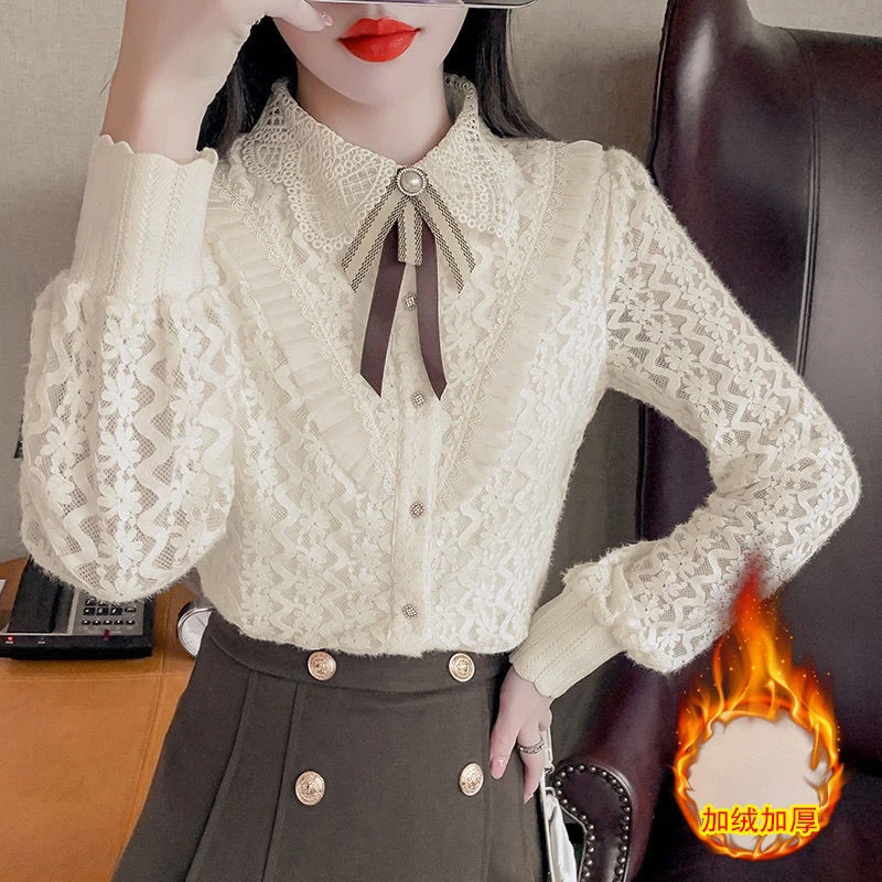 Autumn Winter Elegant Fashion Polo-neck Add Velvet Cardigan Shirt Female Long Sleeve Blouse Women Bow Bottoming All-match Top