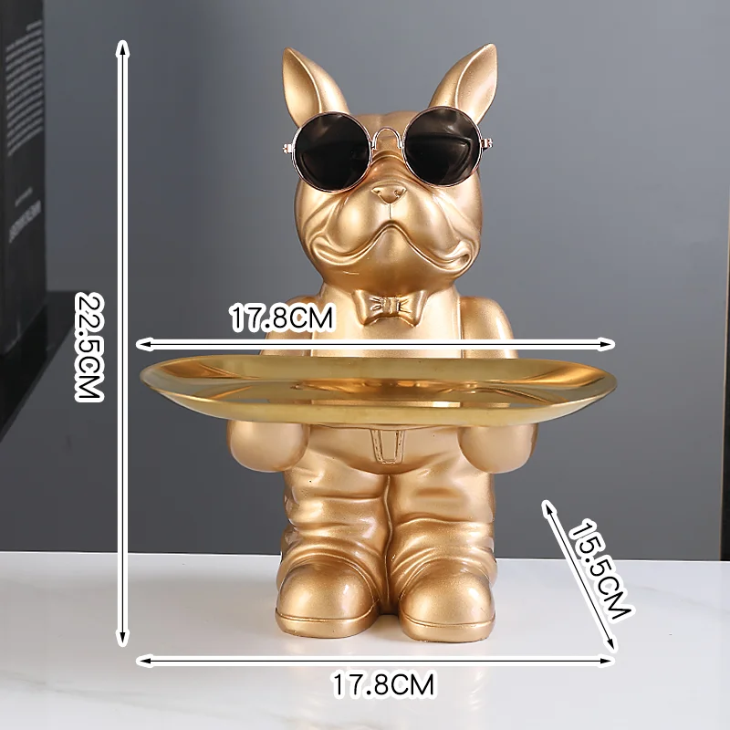 Liegende schwarze französische Bulldogge Butler mit Doppel gold Metall  Tablett Hund Statuen und Skulpturen Zimmer Dekor Haus Butler Statue Ornament