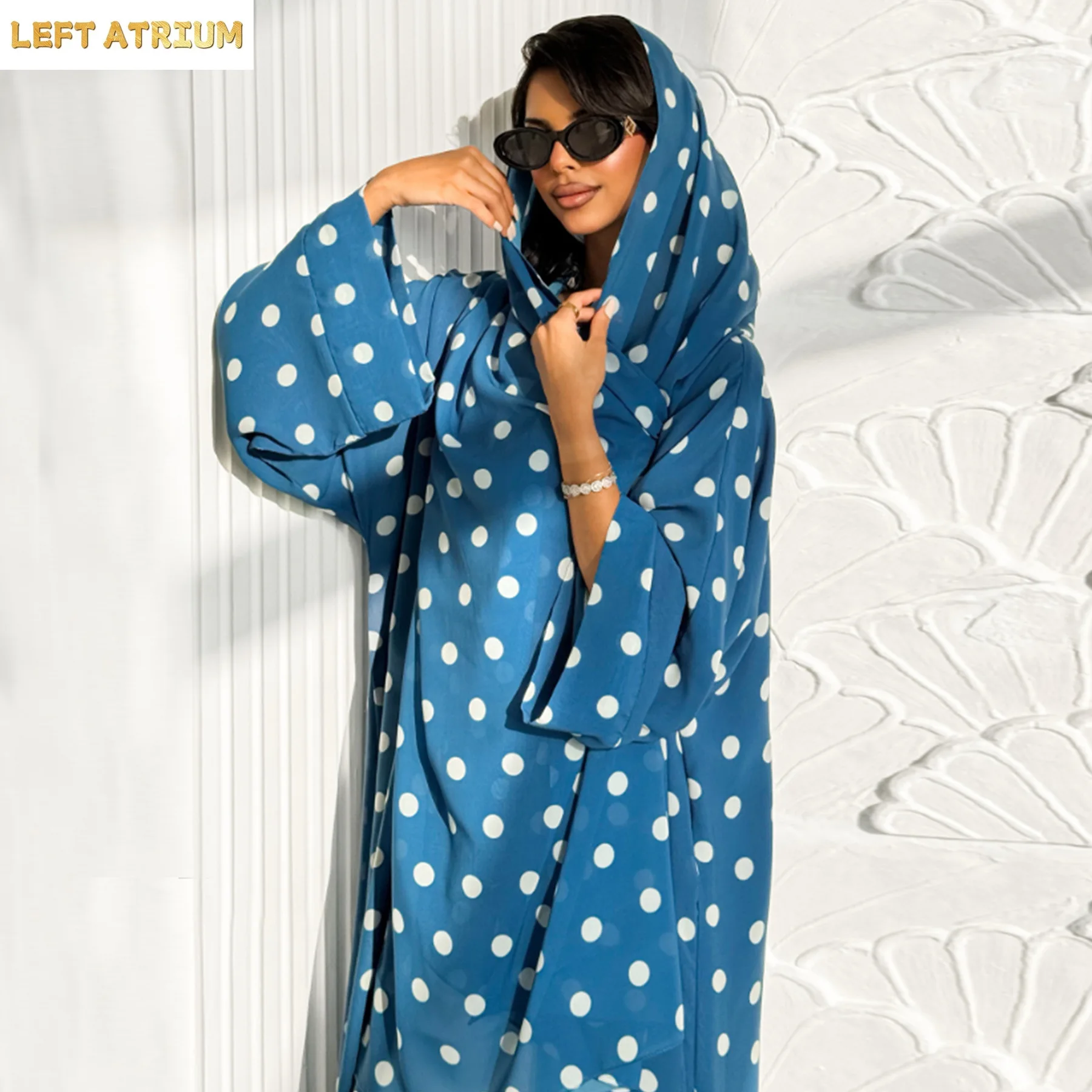 Dubai Polka Dot Kimono Cardigan Robe Headscarf Set Muslim Dress Women Islam Clothing Ramadan Eid Open Abaya Turkey Kaftan Abayas 3