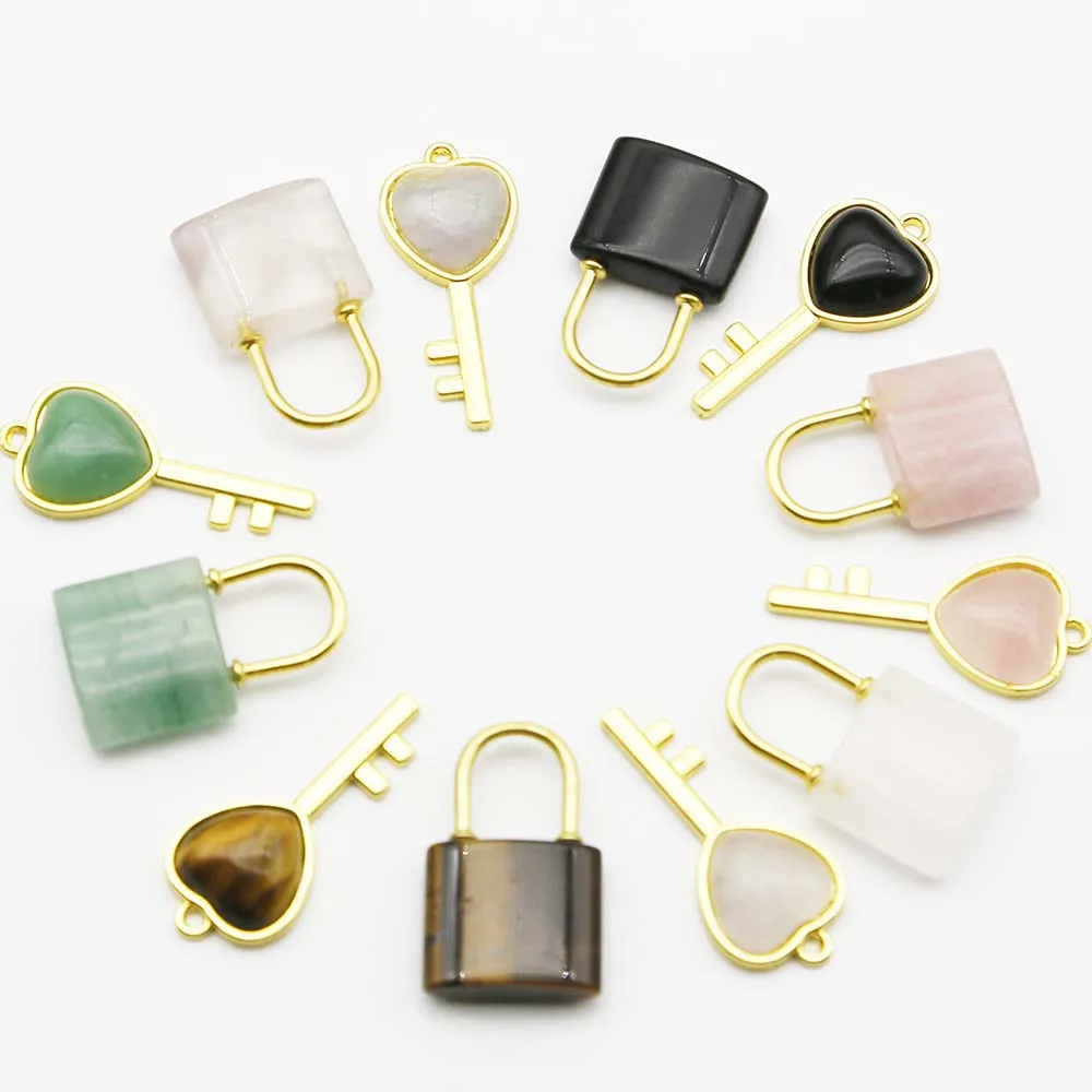 High Quality Natural Stone Crystal Heart Key Couple Lock Set Pendant Charm Fashion DIY Jewelry Gift Accessories Wholesale 6Setof