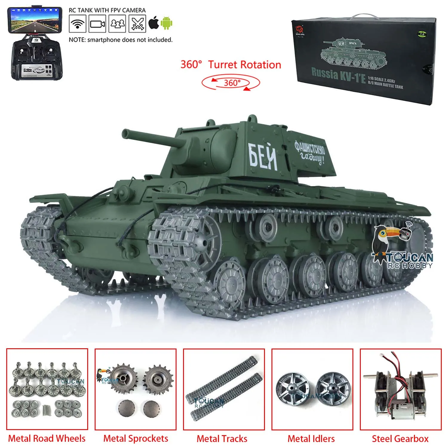 

Henglong 1/16 7.0 Pro Ver Soviet KV-1 FPV RC Tank 3878 Metal Tracks Wheel 360 Turret Rotation Engine Sound TH17468-SMT7