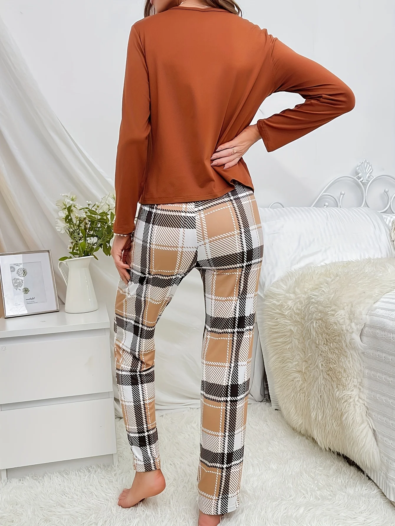 Autumn hotsale cartoon bear long-sleeved top plaid pants two-piece casual home wear comfortable breathable pajamas set for women