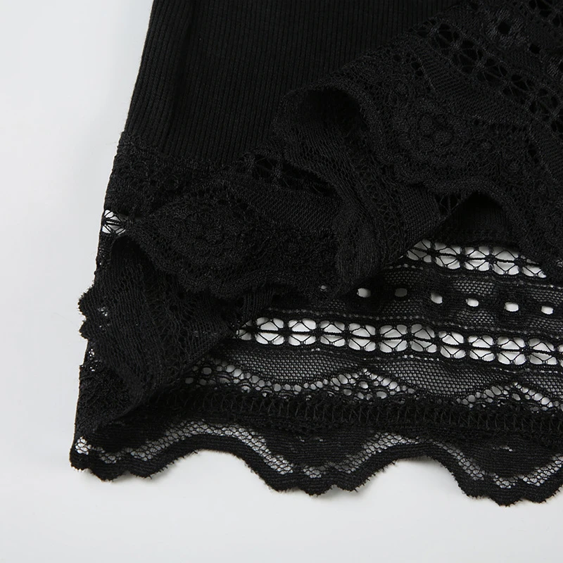 Gothic Dress y2k Women Clothes Lace Trim Round Neck Long Sleeve Ribbed Bodycon Dress Grunge Party Dresses Streetwear