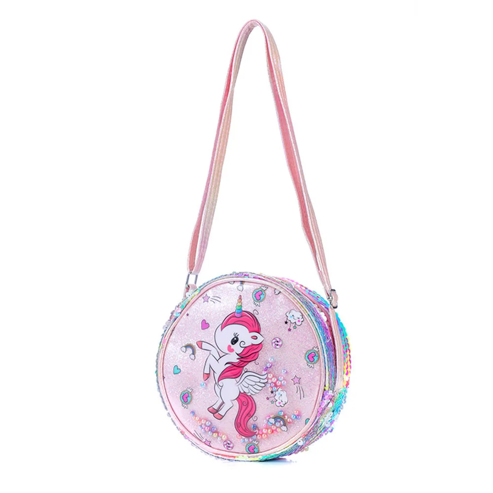 Kids Shoulder Bag Girls Sweet Cartoon Pattern Sequin Crossbody Bags Fashion Unicorn Casual Outing Versatile Round Bag