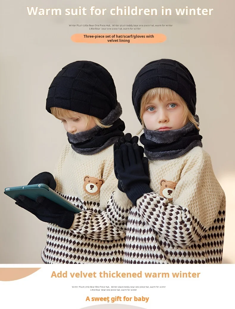 Charmingjolly Kids Warm Suits Hat Scarf Gloves Set 3 in 1 Winter Outdoor Plush Thermal Boys Girls Hats Gloves Scarf Set Kids Knitted Beanie Free Shipping