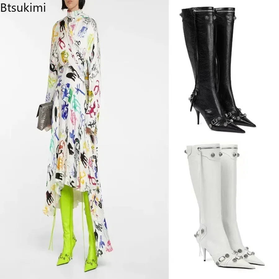 2024 Women's Sexy Knee High Leather Boots Autumn Winter Boots Female Super High Thin Heels with Rivet Retro Fashion Ladies Boots