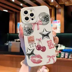 Sparkly Crystal Ball Pink Bow Cherry Pattern Phone Case Cover - iPhone 13 Mini (White - B263)