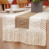 Table Runner, Natural Burlap Boho Table Runner Modern Farmhouse Decor Rustic Woven Cotton Crochet Lace for Tabletop Decoration 2