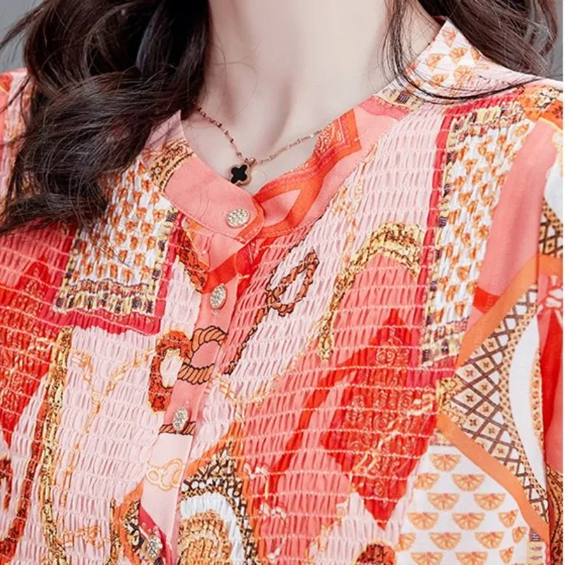 Temperament Summer Printing Women's Crew Neck Single breasted Shirring Fashion Elegant Casual Half Sleeve Chiffon Shirt Tops