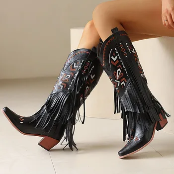 GIGIFOX Retro Tassel Embroidered Cowgirl Mid-Calf Women Western Boots Pointed Toe Chunky High Heel Cowboy Cool All-Match Shoes 4