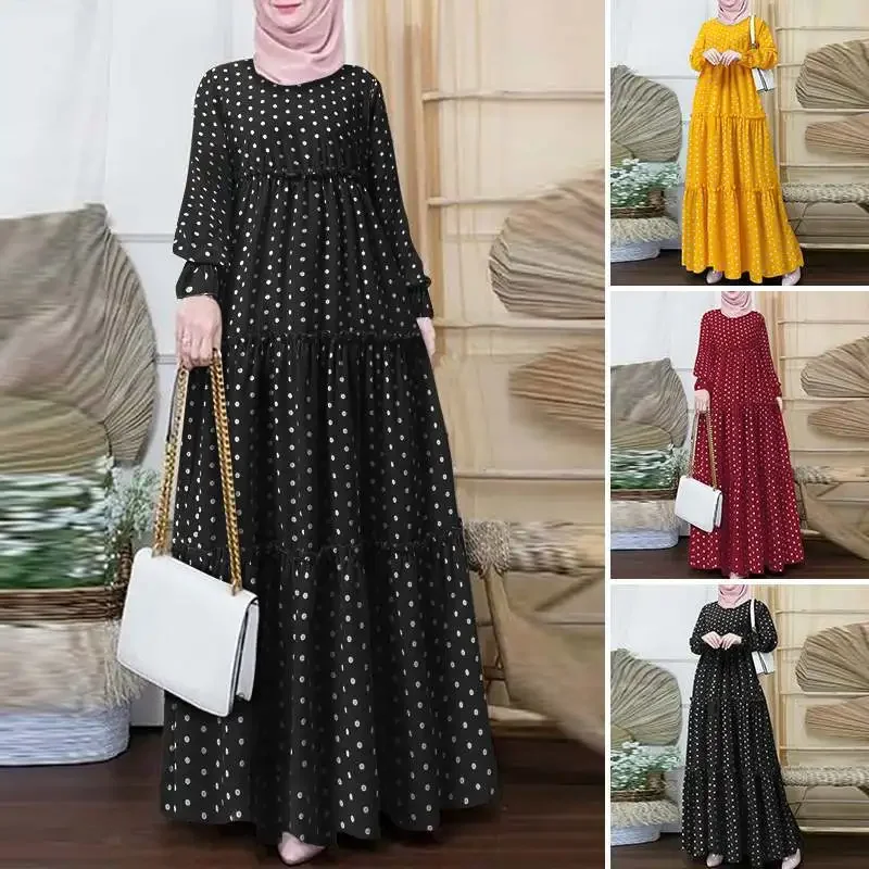 

Bohemian Polka Dot Printed Muslim Dress Casual and Elegant Robe Holiday Party Ruffled Robe