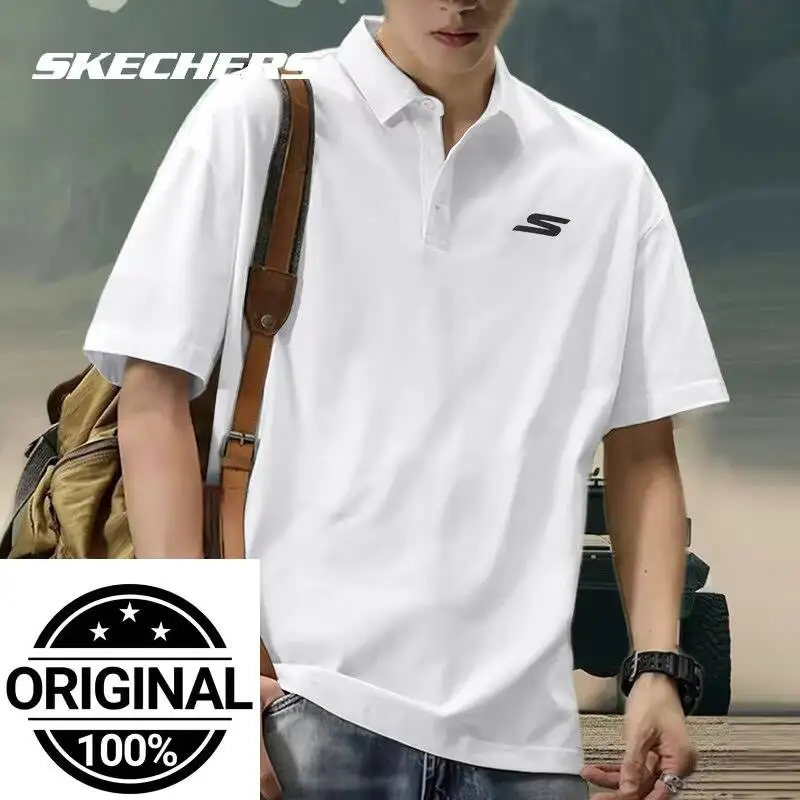 Skechers 남성용 루즈핏 폴로 셔츠 캐주얼 스트리트웨어 통기성 반소매 골프 테니스 스포츠 탑 P122M053-0019