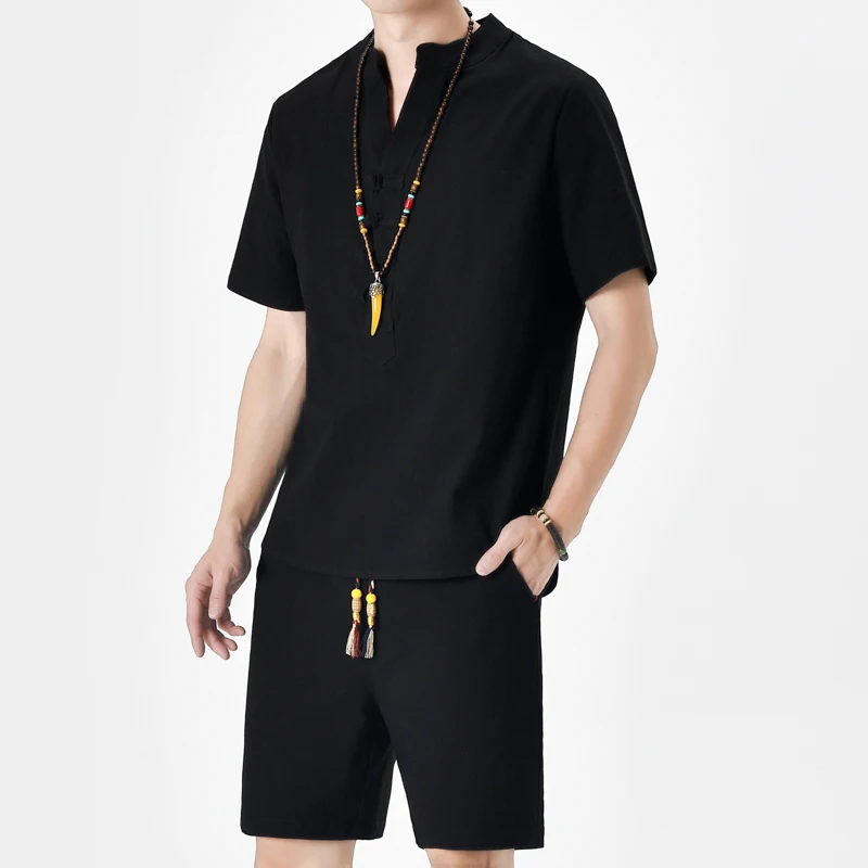 

2023 Chinese Style Summer Thin Sets Men Solid Color T Shirt+Shorts Casual Men's Sets 2 Pieces Clothing Male Linen Tang Suit 5XL