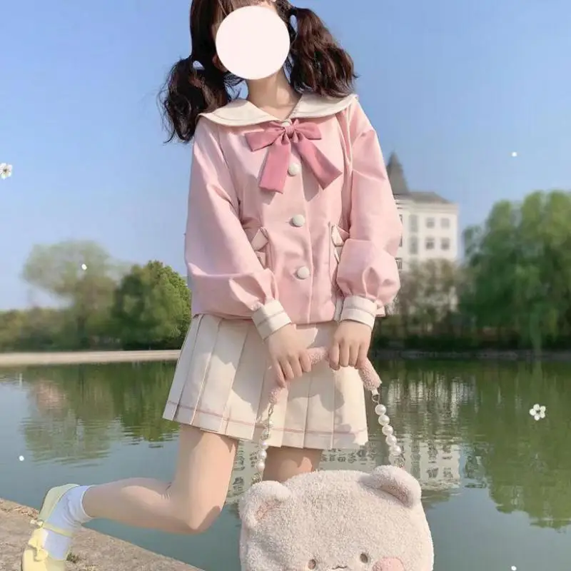 Lolita Cosplay Costumes Japanese Harajuku Kawaii Lolita Jk Women Girl Sweet Cute Cat Sailor Collar Bow Lace-up Suit Set Student Girly Clothing Tops