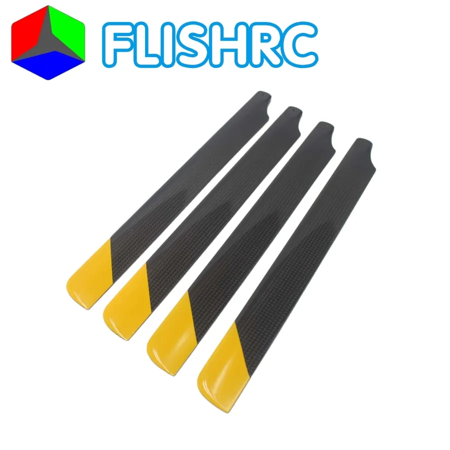 Gros plan sur les lames principales en fibre de carbone FLISHRC pour hélicoptère RC, montrant le tissage carbone.