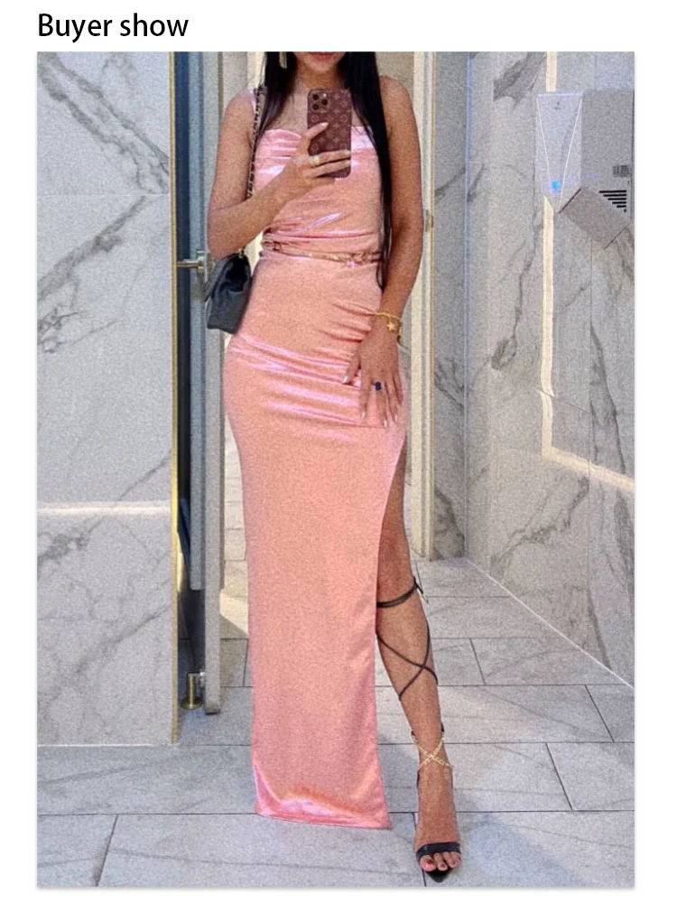 Romagic Sexy Pink Woman Cocktail Prom Dress Satin Split Leg Ruched Bridesmaid Wedding Party Ceremony Elegant Evening Gown Summer