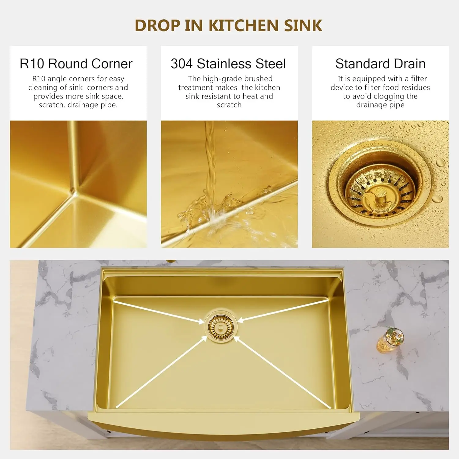 33 Inch Luxury Gold Farmhouse Sink Workstation undermount 16 Gauge Stainless Steel Apron Front Gold kitchen Sink 5