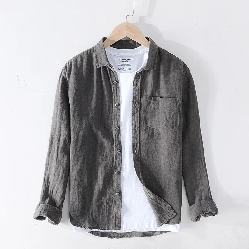 Long Sleeve Shirt Pure Linen Shirts for Men Long Sleeve Casual Turn-down Collar Basic Classic Tops Male Fashion Solid Color Retro Clothing