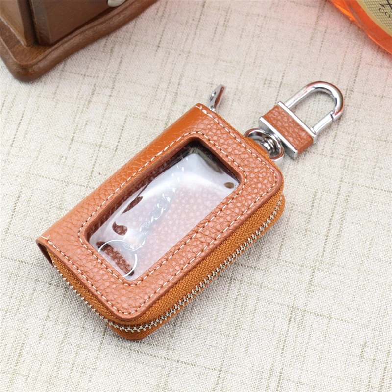 Leather Zipper Square Home Car Key Holder Transparent Window Key Bag Case Wallet Chain Women Home Car Organizer key case key case cover
