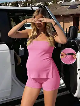 Maternity 2 Piece Solid Color Cropped Top And Shorts Set Summer Casual Outfit