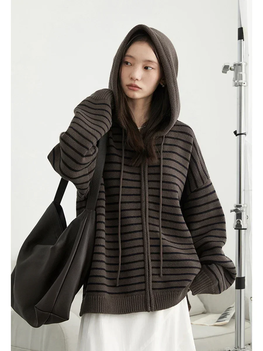 CHIC VEN Women Fashion Cardigan Casual Hooded Striped Knitted Coats Korean Loose Long Slevees Female Sweaters Autumn New 2024 3
