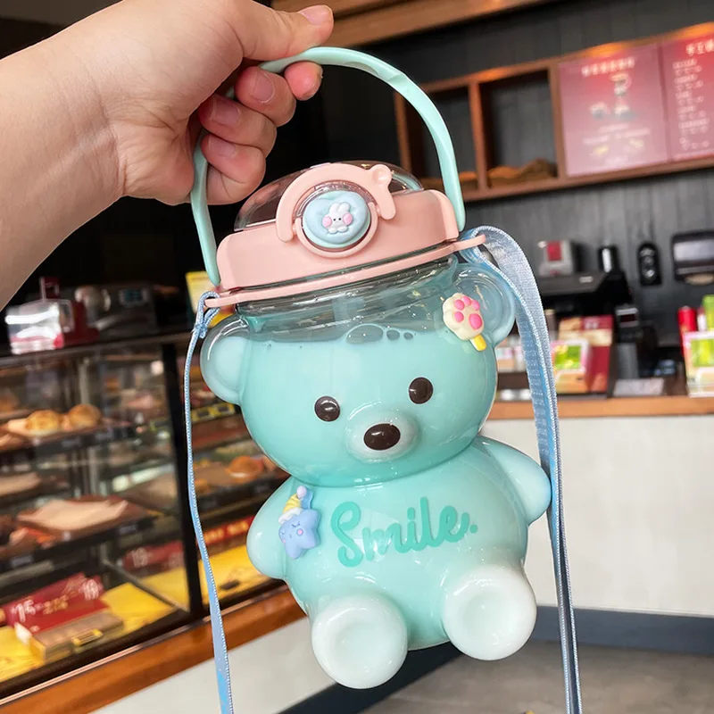 Little Bear Water Bottle Girls Summer Large Capacity Lovely Straw Kettle  Strap Portable Plastic Cup Creative