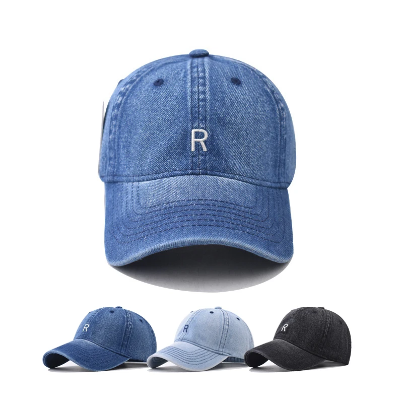 

Couples baseball cap R letter R-hat Korean version Sun hat Hole Spring Autumn Wash denim Woman's hat Cap Hip Hop Fitted Cap