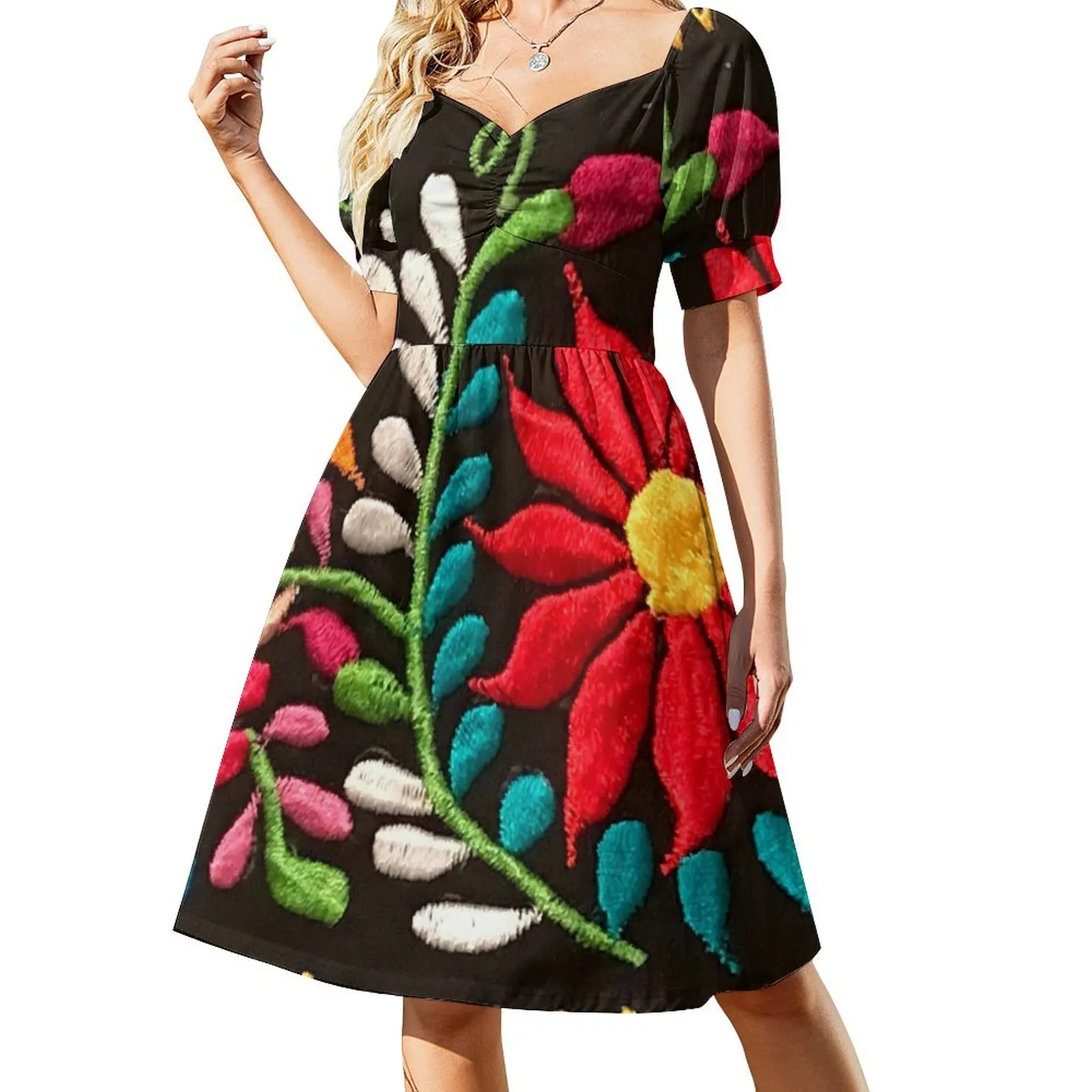 thumbnail image 1 of Vestido de manga corta con flores españolas Vestido de dama de honor mujer Vestido de moda mujer, 1 of 8