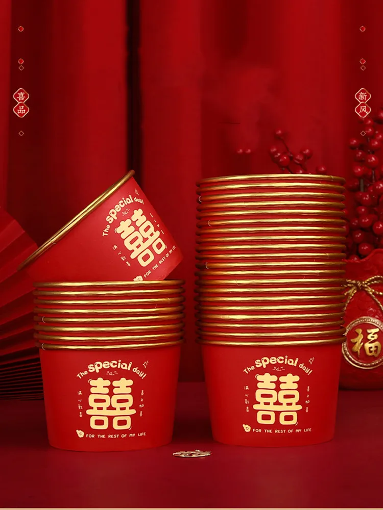 40pcs Disposable Paper Bowl Chinese Wedding Tableware Thicker Leakproof Salad Bowl Wedding Supplies