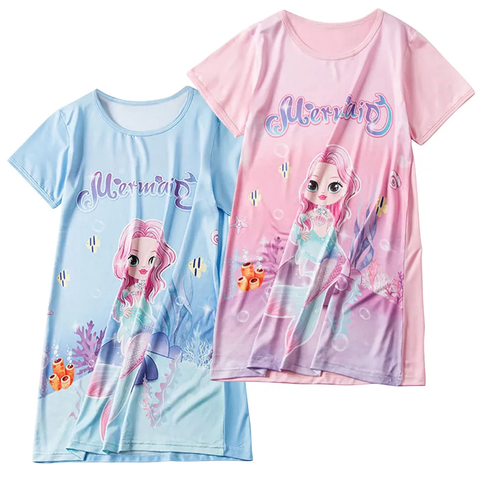 

Children Short Sleeve Summer Princess Dress Girls Print Breathable Cartoon Mermaid Ice Silk Nightgown with Stretch for Homewear