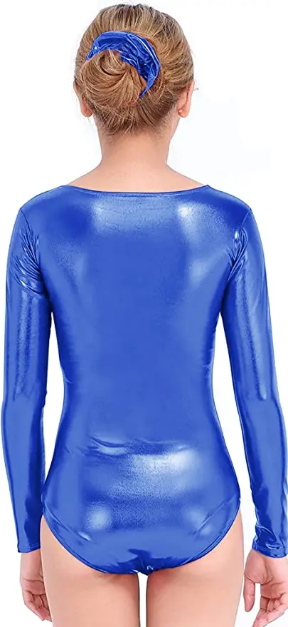 Women Shiny Metallic Dance Leotards Spandex Ballet Dancewear Skinny Bodysuits Long Sleeve Gymnastics Costume Adult
