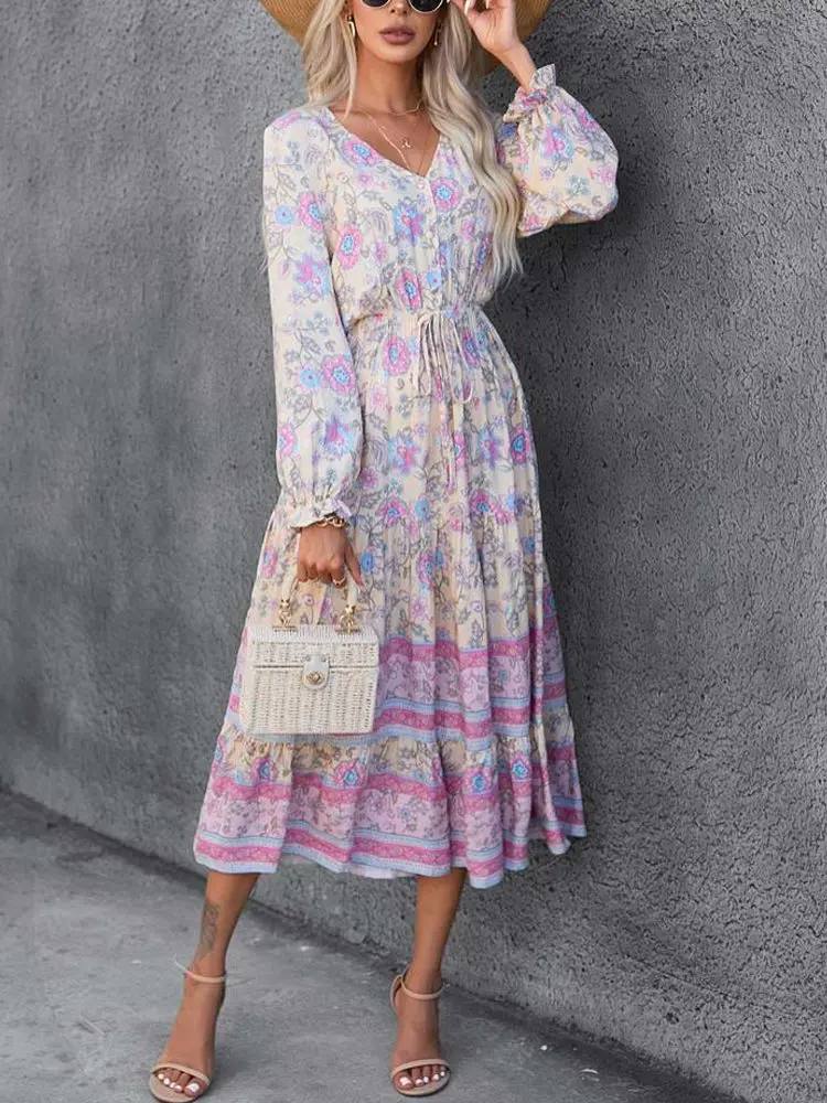 

2023 Autumn Boho Floral Dress Women V-neck Long Dress Print Long Sleeve Party Dresses for Women