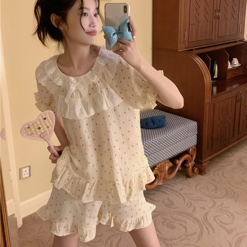 

Floral Print Double Layers Gauze Cotton Pajama Home Set Ruffles Lace Patchwork Princess Ruffles Shorts Sleepwear Out Wear S243